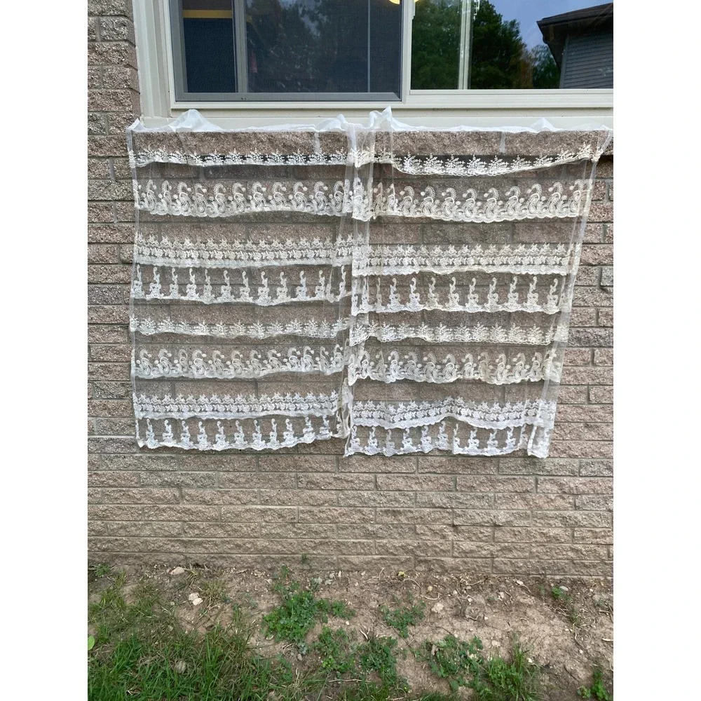Vintage Sheer Mesh Lace Curtain Panels Floral Paisley 42x53 2 Romantic Cottage